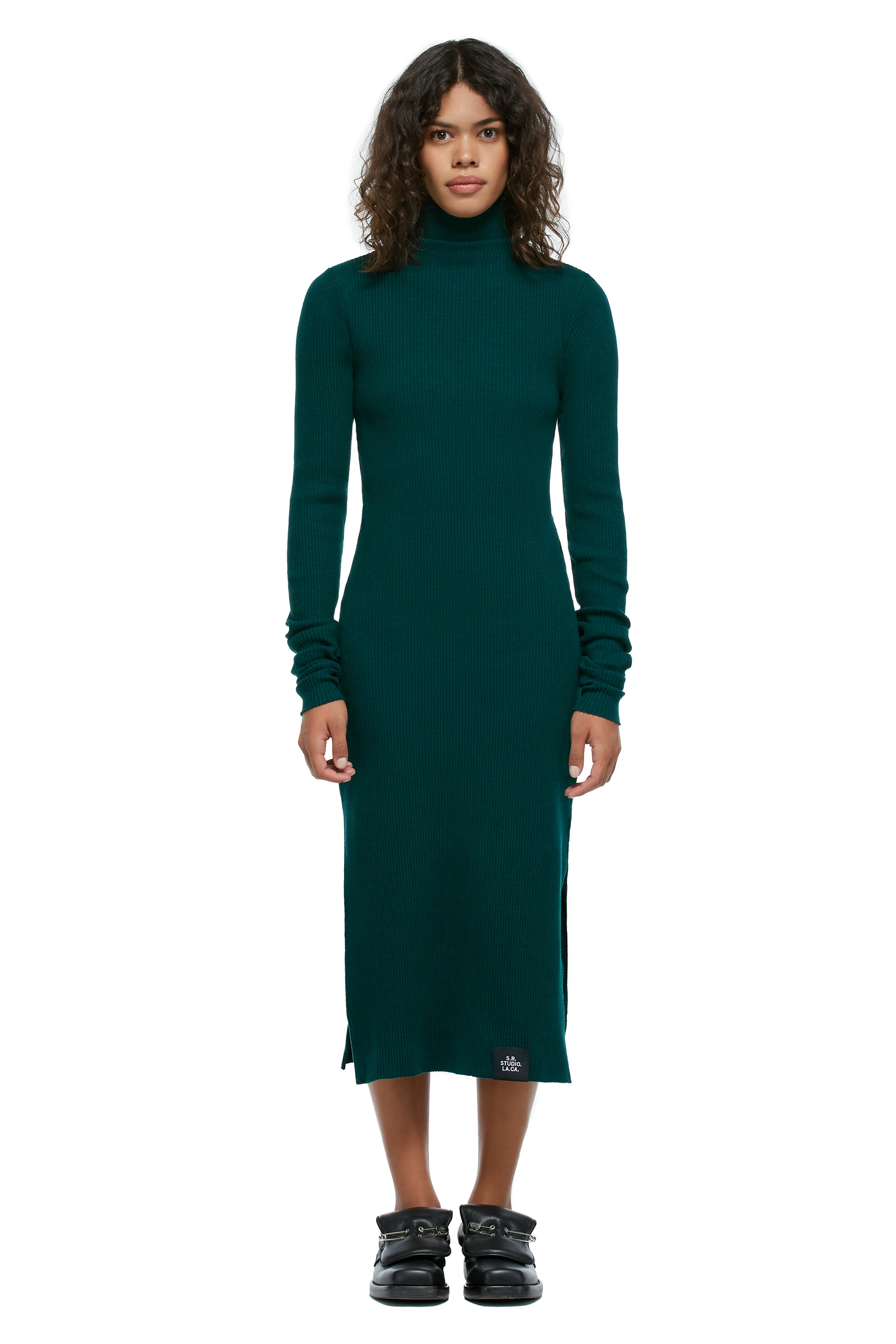 RIBBED COTTON FUNNEL NECK DRESS