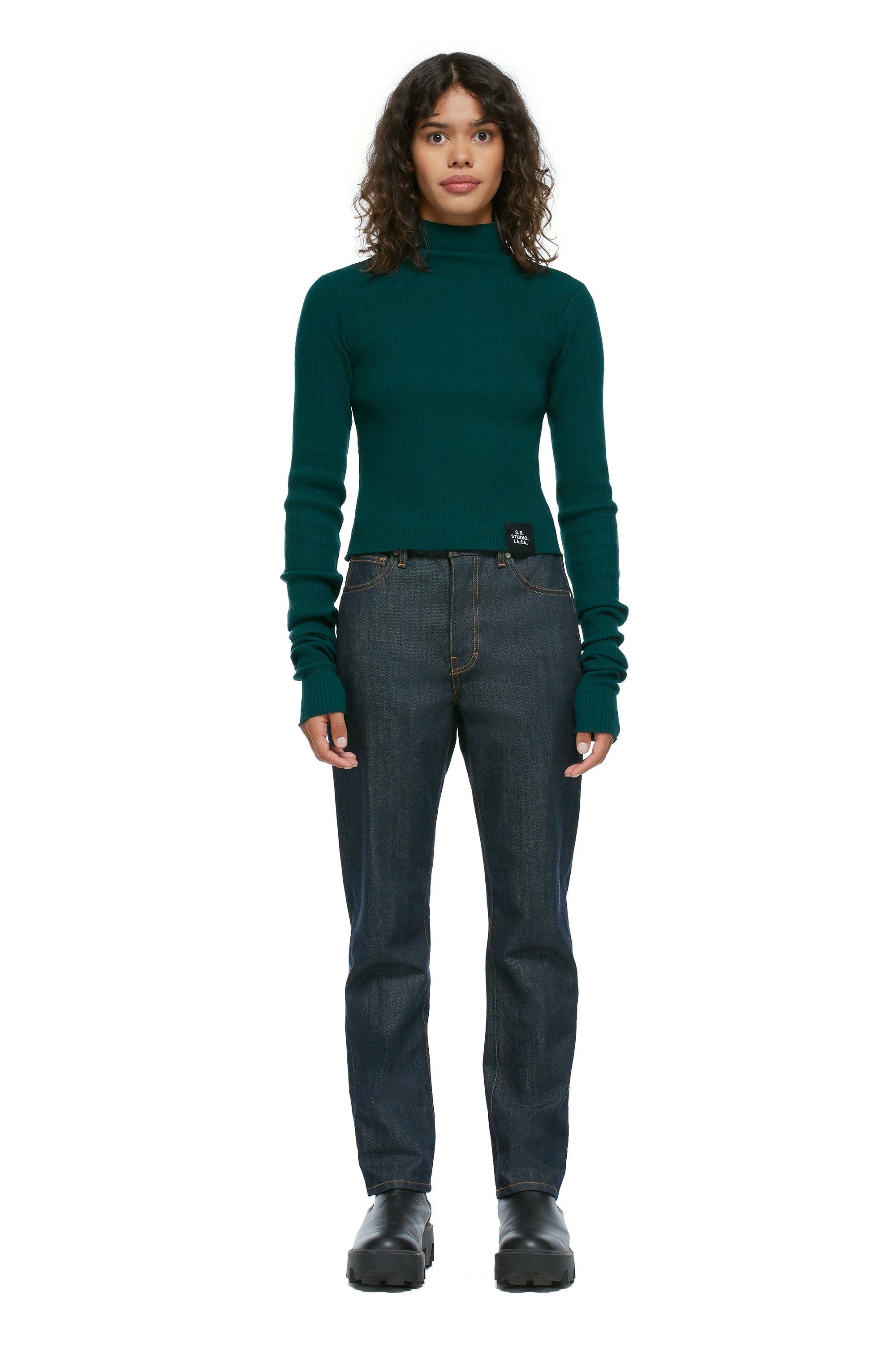 RIBBED COTTON FUNNEL NECK TOP